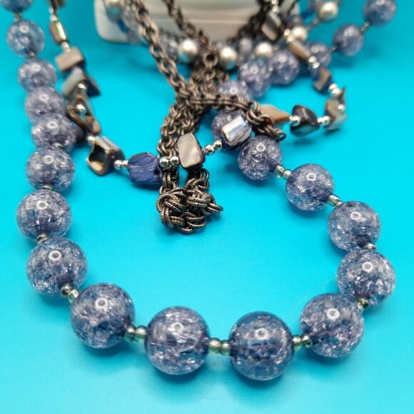 Chico’s Layered Beaded Necklace Silver Tone Glass Pearl Shell 7 Strands 30” - Picture 2 of 15